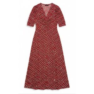 EINII Red Ditsy Floral V-Neck Ruched Midi‎ Dress Womens Small Short Puff Sleeve